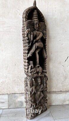 Antique Old Hand Carved Wood Hindu God Shiv Tandav Figurine Sculpture Wall Panel
