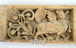 Antique Old Hand Carving Wood Hindu Goddess Kamdhenu Cow Figure Wall Door Panel