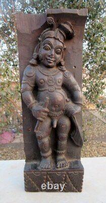Antique Old Rare Hand Carved Rose Wood Hindu God Krishna Nude Figure Wall Panel