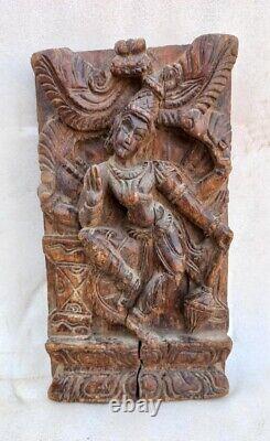 Antique Old Rare Hand Carved Wood Hindu God Vishnu Dance With Weapon Wall Panel