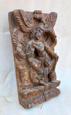 Antique Old Rare Hand Carved Wood Hindu God Vishnu Dance With Weapon Wall Panel