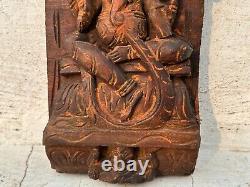 Antique Old Rare Hand Carved Wood Hindu Lord Ganesha Figure Wall Panel Sculpture