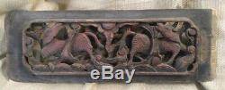 Antique Old Vintage Asian Orential Hand Carved Wooden Panel Oxen