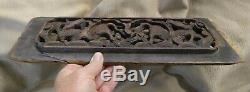 Antique Old Vintage Asian Orential Hand Carved Wooden Panel Oxen