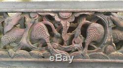 Antique Old Vintage Asian Orential Hand Carved Wooden Panel Oxen