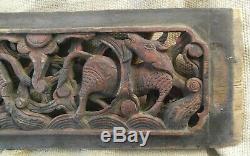 Antique Old Vintage Asian Orential Hand Carved Wooden Panel Oxen