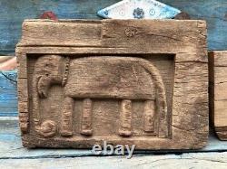 Antique Old Wooden Hand Carved Elephant Figure Wall Panel 1700's