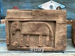 Antique Old Wooden Hand Carved Elephant Figure Wall Panel 1700's