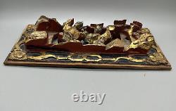 Antique Oriental Asian Chinese Carved Panel Scene Lacquered red gold 9.75x5.13