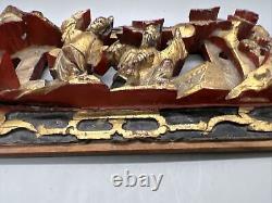 Antique Oriental Asian Chinese Carved Panel Scene Lacquered red gold 9.75x5.13