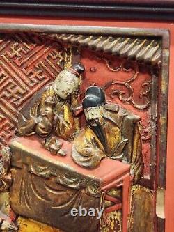 Antique Oriental Asian Chinese Wood Relief Carved Screen Panel Gilded Plaque #2