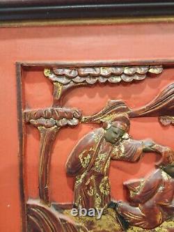 Antique Oriental Asian Chinese Wood Relief Carved Screen Panel Gilded Plaque #3