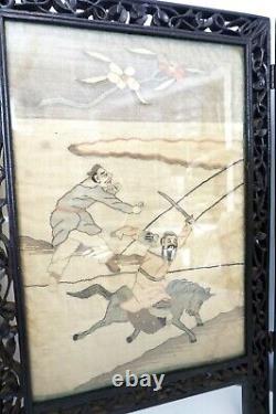 Antique Oriental Woven Silk 2 Panel Tabletop Carved Wood Divider-Warriors/Horses