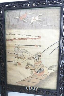 Antique Oriental Woven Silk 2 Panel Tabletop Carved Wood Divider-Warriors/Horses