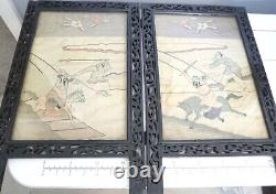 Antique Oriental Woven Silk 2 Panel Tabletop Carved Wood Divider-Warriors/Horses