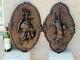Antique Pair Black Forest Swiss Wood Carved Hunting Trophy Wall Panel Deer Bird