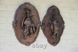 Antique PAIR Black Forest swiss wood carved hunting trophy wall panel deer bird