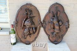 Antique PAIR Black Forest swiss wood carved hunting trophy wall panel deer bird
