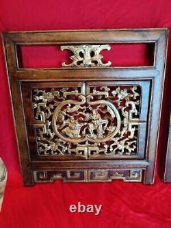 Antique PAIR Chinese Gilt Wood Carved Panel 19th c