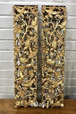 Antique Pair Carved Gilt Wooden Panel Chinese Figures Qing Dynasty China Shellac