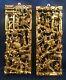 Antique Pair Chinese 3d Gold Gilt War-field Scenery Wood Carved Panels