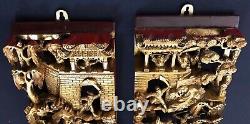 Antique Pair Chinese 3D Gold Gilt War-Field Scenery Wood Carved Panels