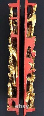 Antique Pair Chinese 3D Gold Gilt War-Field Scenery Wood Carved Panels