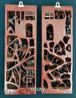 Antique Pair Chinese 3D Gold Gilt War-Field Scenery Wood Carved Panels