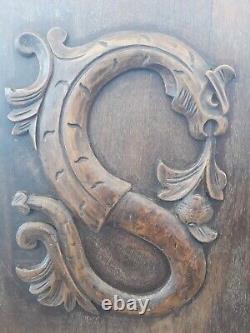 Antique Pair French Panels Wood Carved Griffin Dragon