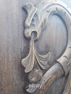 Antique Pair French Panels Wood Carved Griffin Dragon