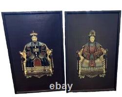 Antique Pair Of 2 Chinese Ancestor Inlaid Wood Panels Plaques Emperor Empress