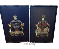 Antique Pair Of 2 Chinese Ancestor Inlaid Wood Panels Plaques Emperor Empress