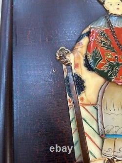 Antique Pair Of 2 Chinese Ancestor Inlaid Wood Panels Plaques Emperor Empress