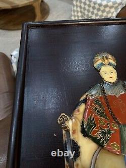 Antique Pair Of 2 Chinese Ancestor Inlaid Wood Panels Plaques Emperor Empress