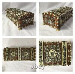 Antique Persian Middle Eastern Wood Box Decorated Hand Carved Bovine Bone Panels