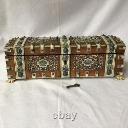 Antique Persian Middle Eastern Wood Box Decorated Hand Carved Bovine Bone Panels