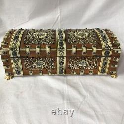 Antique Persian Middle Eastern Wood Box Decorated Hand Carved Bovine Bone Panels