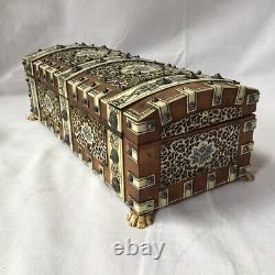 Antique Persian Middle Eastern Wood Box Decorated Hand Carved Bovine Bone Panels