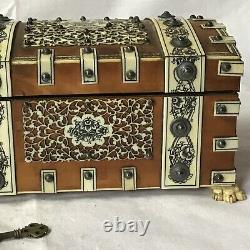 Antique Persian Middle Eastern Wood Box Decorated Hand Carved Bovine Bone Panels