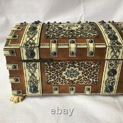 Antique Persian Middle Eastern Wood Box Decorated Hand Carved Bovine Bone Panels