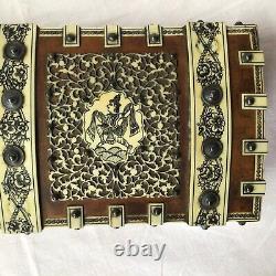 Antique Persian Middle Eastern Wood Box Decorated Hand Carved Bovine Bone Panels