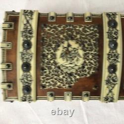 Antique Persian Middle Eastern Wood Box Decorated Hand Carved Bovine Bone Panels