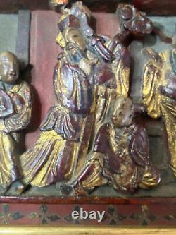 Antique Qing Dynasty Chinese Hand Carved Gilded Red Lacquer Wood Panel