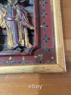 Antique Qing Dynasty Chinese Hand Carved Gilded Red Lacquer Wood Panel