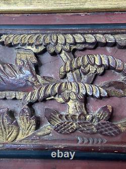 Antique Qing Dynasty Chinese Hand Carved Gilded Red Lacquer Wood Panel Signed