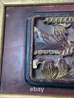 Antique Qing Dynasty Chinese Hand Carved Gilded Red Lacquer Wood Panel Signed
