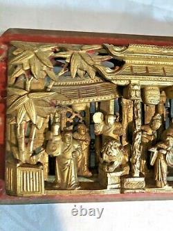 Antique Qing Dynasty Chinese Hand Carved Gilt Wood Panel 7 Men Gold Gilt 15