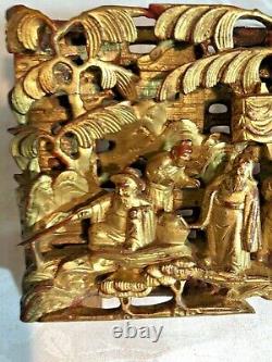 Antique Qing Dynasty Chinese Hand Carved Gilt Wood Panel 7 Men Gold Gilt 7