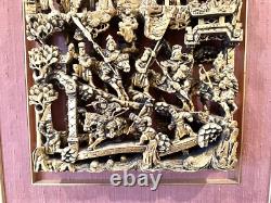 Antique Qing Dynasty Intricate Wooden Carved Panel Battle Scene- Framed