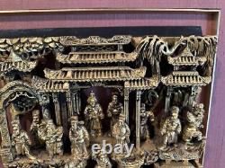 Antique Qing Dynasty Intricate Wooden Carved Panel Battle Scene- Framed